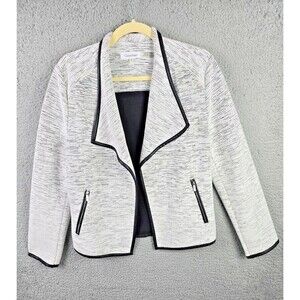 Calvin Klein Blazer Jacket Womens M White Black Moto Crop Faux Leather Trim Open